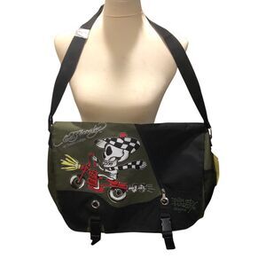 Ed Hardy original “Speedy Skeleton" unisex messenger bag in green canvas with a